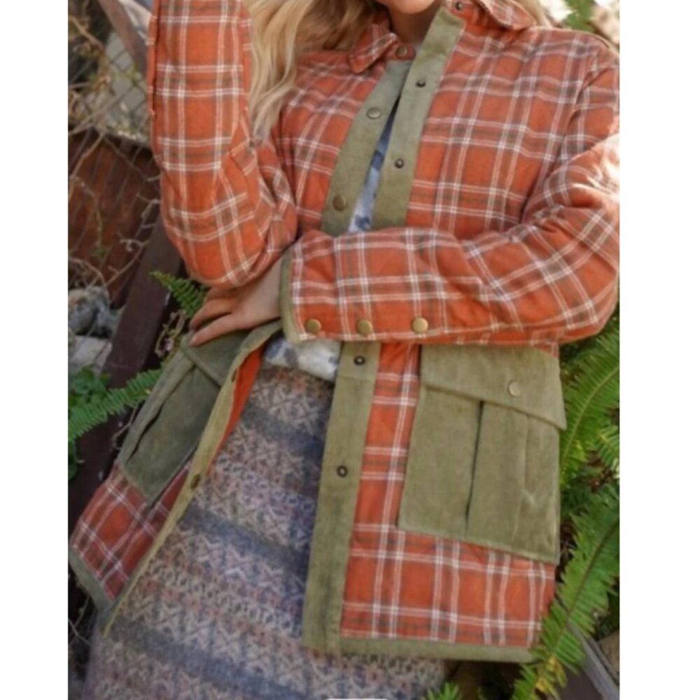 Hem & Thread Women's Rust Plaid Olive Quilted Jacket Oversized Medium - Picture 2 of 10
